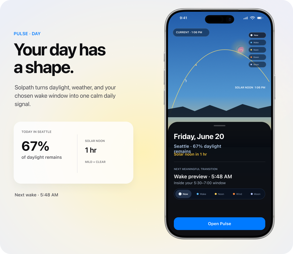 Solpath Pulse Day on iPhone, showing Seattle daylight, solar noon, and the next wake preview.